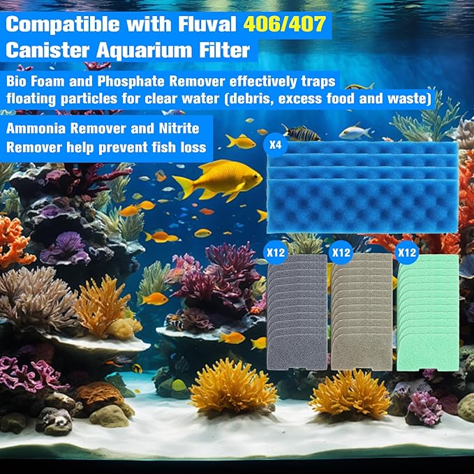 40 Pcs Aquarium Filter Replacement Media for Fluval 406/407 Canister Filter, Fish Tank Filter Pads with Biological Sponge Foam, Ammonia Nitrite Phosphate Remover, Quick-Clear Polishing Pads