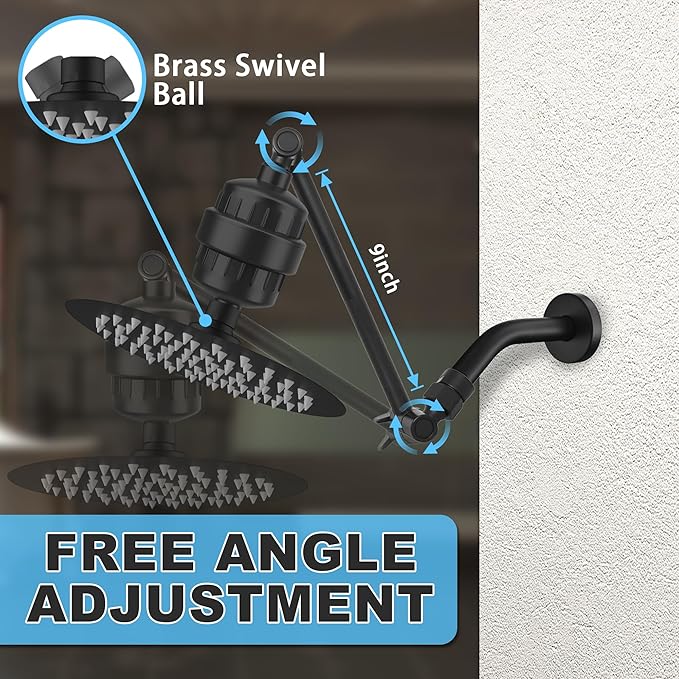 Metal 8-Inch Rainfall Filtered Shower Head for Hard Water with 9" Shower Extension Arm, High-Pressure Rain Shower Head with 20 Stage Filter - Removes Chlorine for Hair and Skin