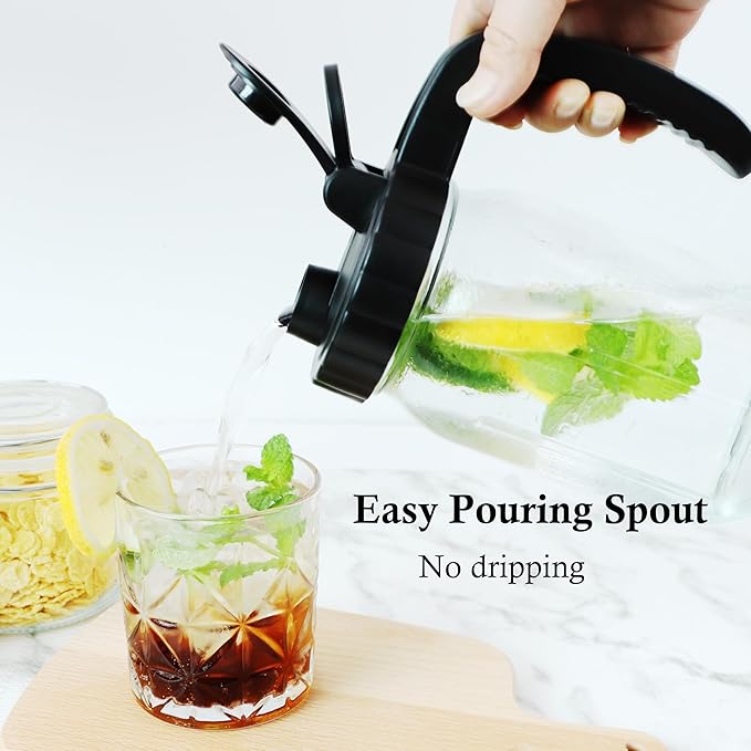 Glass Mason Jars Pitcher 32 Oz Pour Spout Lids & Handle (2 Set) Wide Mouth Airtight Leak Proof Fridge Breast Milk Pitcher With Top Flip Cap 1 Quart Water Jug For Cold Brew Coffee, Iced Tea, Beverage