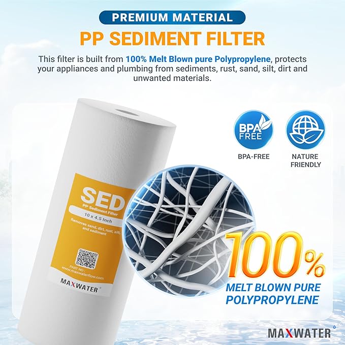 Max Water 5 Micron 10 x 4.5 inch Whole house Sediment Water Filter | Meltblown Polypropylene Well Water Filter Replacement Cartridges for DGD-5005, AP810, SDC-45-1001, GXWH30C, PP10BB (1 Pack)