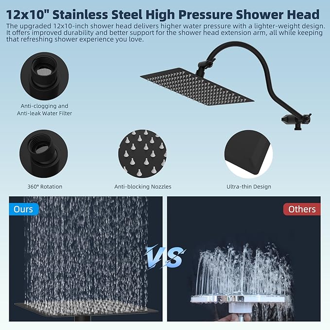 Hibbent 12'' All Metal Shower Head, High Pressure Rainfall Shower Head/Handheld Showerhead Combo/ 12'' Adjustable Curved Shower Extension Arm, 10-Spray, 71'' Hose, Showerhead Holder, Matte Black