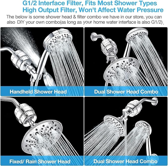 20 Stage Shower Filter w/ 3 Cartridge, Shower Head Filter, Reduce Well Hard Water Chlorine Heavy Metal & Impurity, Improve Skin Hair, Fit Most Handheld Showerhead Fixed Rainfall, Chrome
