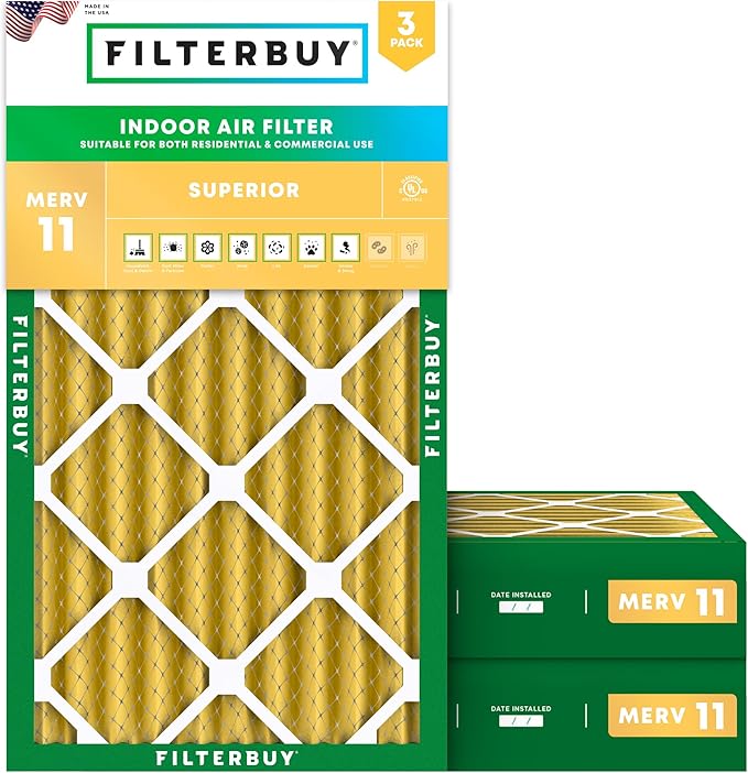 Filterbuy 16x25x4 Air Filter MERV 11 (MPR 1200) Allergen Defense Replacement (3-Pack), Electrostatic Pleated HVAC AC Furnace Filters, Made in USA (Actual Size: 15.50 x 24.50 x 3.63)
