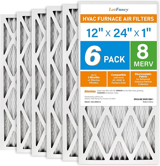 LotFancy 12x24x1 Air Filter MERV 8 Dust Defense (6-Pack) Pleated HVAC Furnace Air Filters, Replacement for Home AC & Heating Systems, Actual Size: 11.75" x 23.75" x 0.75"
