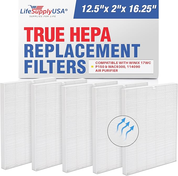 LifeSupplyUSA True HEPA Filter Replacement Compatible with Winix 17WC P150 & WAC9300, 114090 Air Purifier (5-Pack)