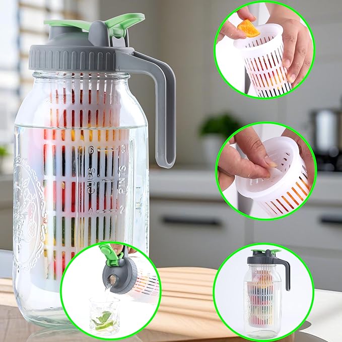 Glass Mason Jar Water Fruit Infuser Pitcher With Lid 64 Oz Wide Mouth Tea Infused Pitchers 2 Quart Sun Tea Jar For Outside Half Gallon Iced Coffee Tea Lemonade Juice Homemade Drinks Container- 2 Set