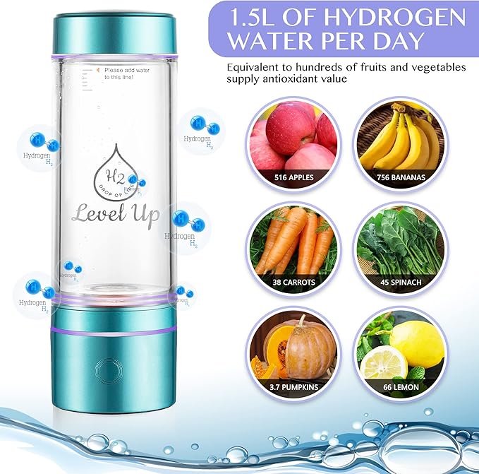 LevelUpWay 2025 Hydrogen Water Bottle Generator – Up to 2500 PPB Pure Hydrogen Water – Dual Chamber SPE PEM Technology – Blue – Enhanced Hydration Solution