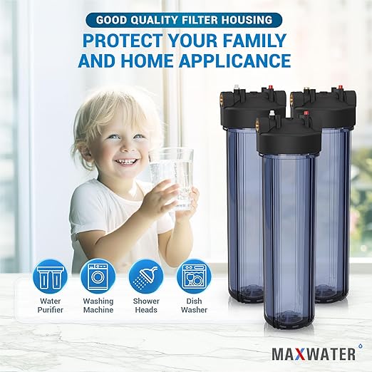 Max Water Whole House 20" x4.5" Purple Clear WH Water Filter Housing 1 inch Inlet/Outlet Ports with Pressure Gauge Wrench and Bracket (3 Housing + 2 Pressure Gauge)