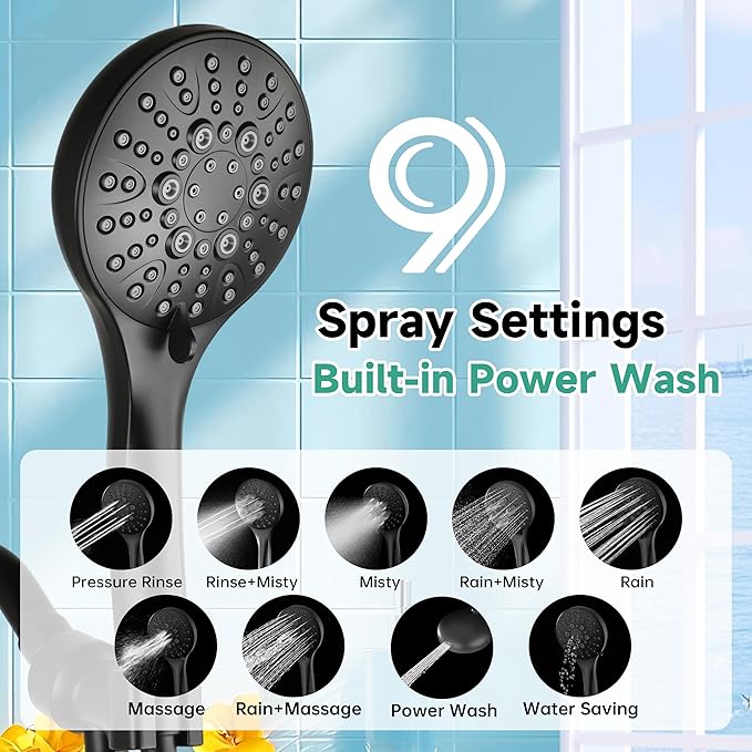 BRIGHT SHOWERS High Pressure Shower Head with Handheld, 9 Spray Settings Showerhead Built in Power Wash to Clean Tub and Pets, Extra Long 69" Hose, Adjustable Bracket, Matte Black