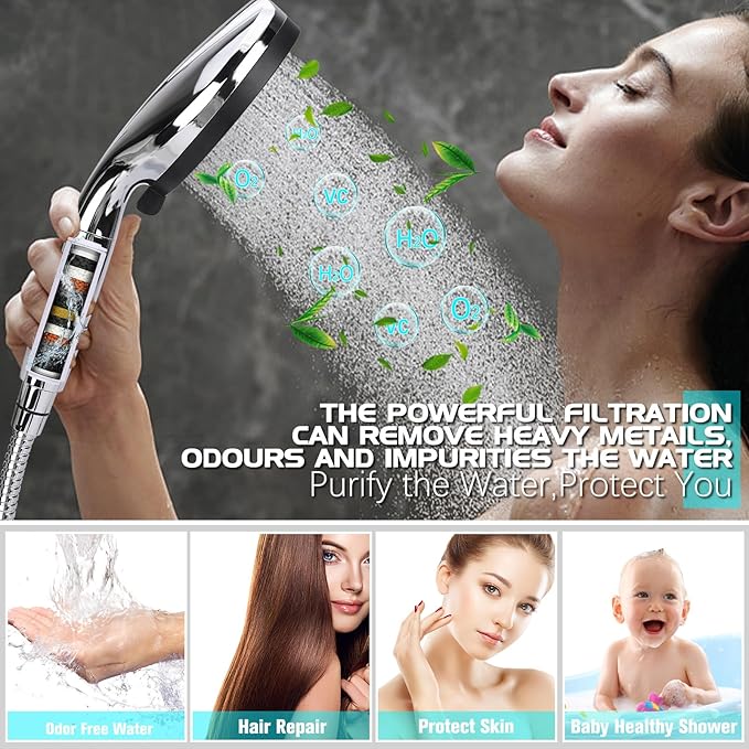 Shower Head 14'' High Pressure Rain Shower Head Combo, Filtered Handheld with 10 Water Spray, 3-Way Diverter Extension Arm Rainfall Showerhead, Adjustable Shower head with Anti-Clog Nozzles