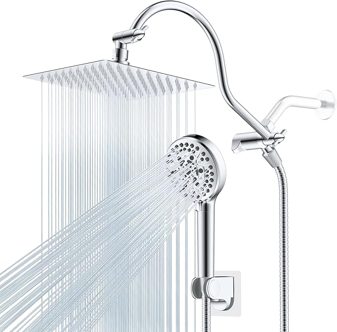 Hibbent All Metal Shower Head, 8'' High Pressure Rainfall Shower Head, Handheld Showerhead Combo with 12'' Adjustable Curved Extension Arm, 10-Spray, 71'' Hose, Adhesive Showerhead Holder, Chrome