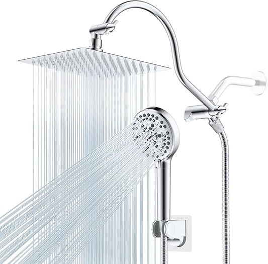 Hibbent All Metal Shower Head, 8'' High Pressure Rainfall Shower Head, Handheld Showerhead Combo with 12'' Adjustable Curved Extension Arm, 10-Spray, 71'' Hose, Adhesive Showerhead Holder, Chrome