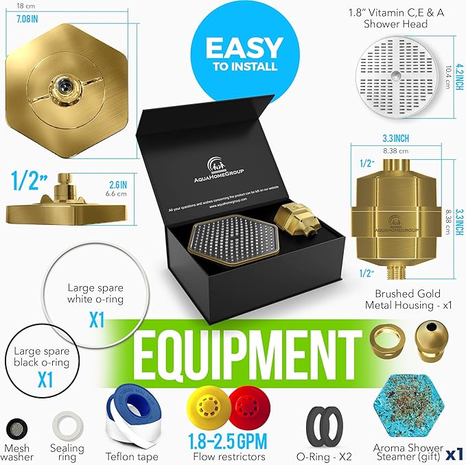 AquaHomeGroup Luxury Filtered Shower Head Set - 20 Stage Shower Filter for Hard Water, Chlorine, Fluoride, Heavy Metals - Water Filter Shower Head with Vitamin C E A Patent Pending (Golden)