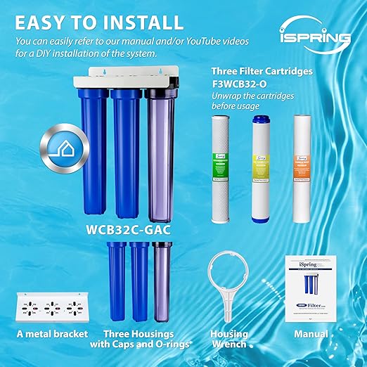 iSpring Whole House Water Filter System, Reduces Chloramine, PFAS, Chlorine, Sediments, 3-Stage Whole House Water Filtration System, 5-Micron, 3/4" Inlet/Outlet, Model: WCB32C-GAC