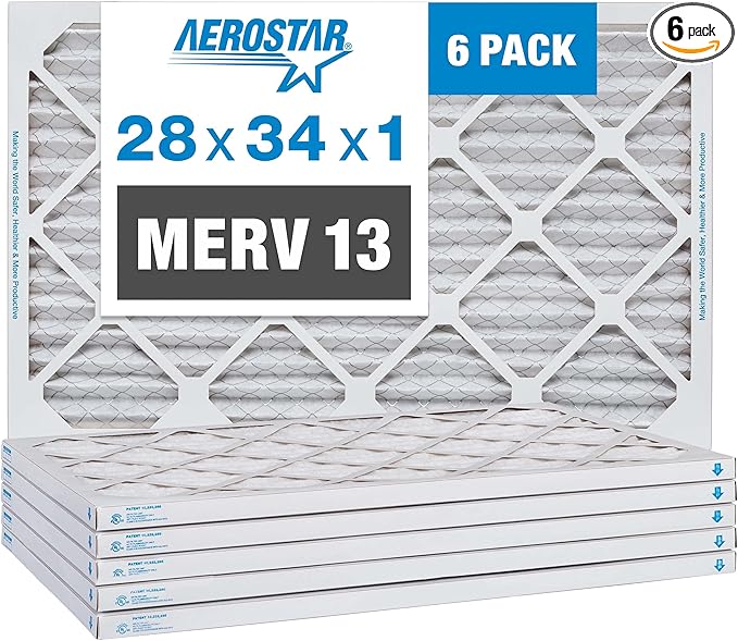 Aerostar 28x34x1 MERV 13-6 Count - Pleated Furnace & Air Conditioner Filters - Removes Bacteria, Dust, Cold & Flu Germs, Lint, Mold, Pet Dander, Allergy-Causing Pollen, Smog, Smoke & Viruses