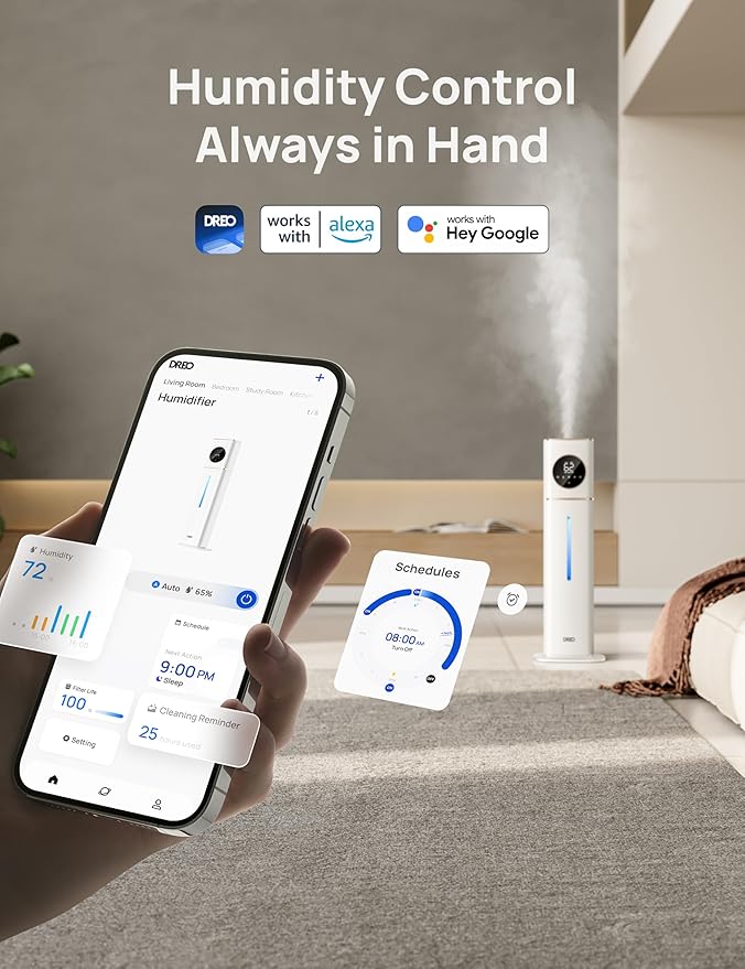 Dreo HM735S 11L Smart Humidifier Large Room 700 ft², 100H Cool Mist Air Humidifiers for Bedroom, Top-Fill Self-Cleaning Tank, 26dB, Auto Mode, Aroma Box, RGB Light, Remote & APP Control, Baby, White