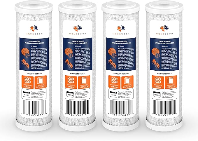 Aquaboon 5 Micron 10 x 2.5 Carbon Block Water Filter Cartridge CTO Whole House Water Filter Replacement Compatible with WHKF-WHWC, FXWTC, 4-PACK