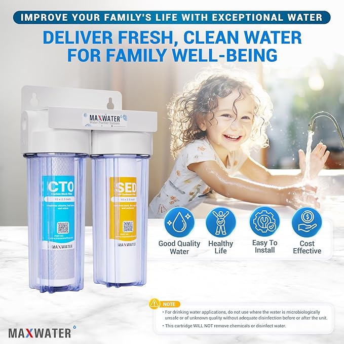 Max Water 2 Stage (Sediment, Odor & Improving Taste) Whole House 10 inch, Standard Water Filtration System - Clear Housing - Sediment + Carbon Block Filter - ¾ Inlet/Outlet