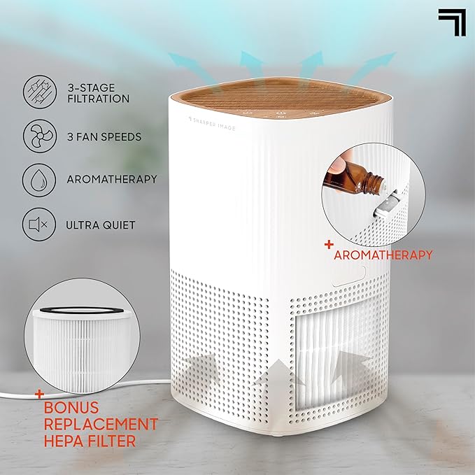 Sharper Image® Tabletop Air Purifier – 2 HEPA Filters & 13 Aromatherapy Pads| Quiet 3-Stage Filtration| 5 Air Changes Per Hour| Remove Dust Allergens Pollen Smoke Pet Fur| Home Office Odor Eliminator