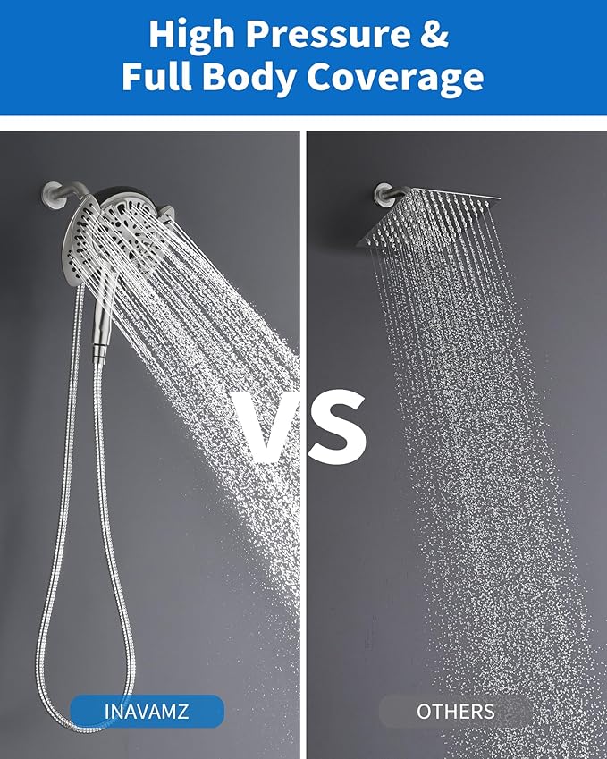 2-in-1 Shower Head with Handheld Combo: 2.5GPM Rainfall Shower Head & Detachable Shower Head Use Together or Alone, 9 Spray Settings Hand Held Showerhead with Hose, Nickel