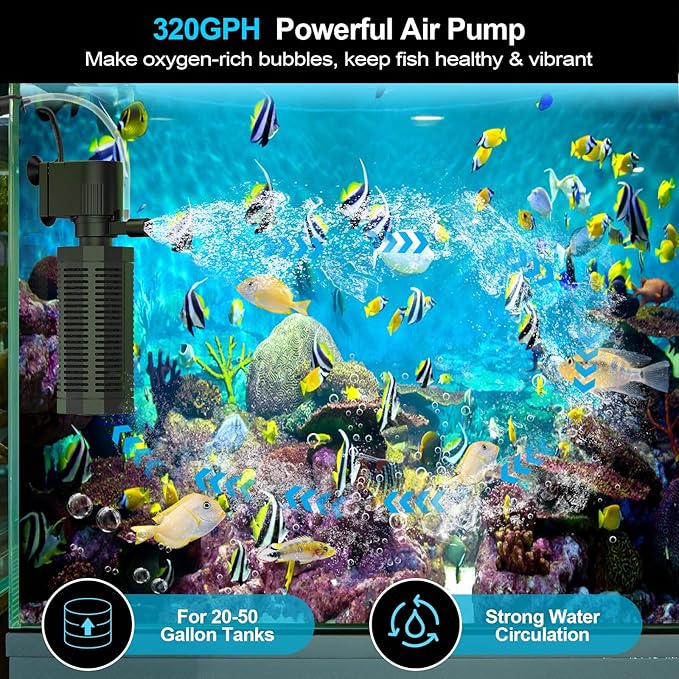 Aquarium Internal Filter for 20-50 Gallons, Ultra-Quiet Fish Tank Filter Biochemical Filtration 320GPH Powerful Pump Submersible Aquarium Filter Tank Clear Air Supply (13W Filter)