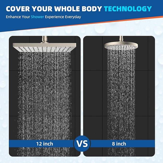Hibbent Thickness Metal Rain Shower Head, 12 Inch High Pressure Shower Heads, Square Large Bathroom Rainfall Shower Head with Adjustable Brass Ball Joint, Waterfall Full Body Coverage, Brushed Nickel