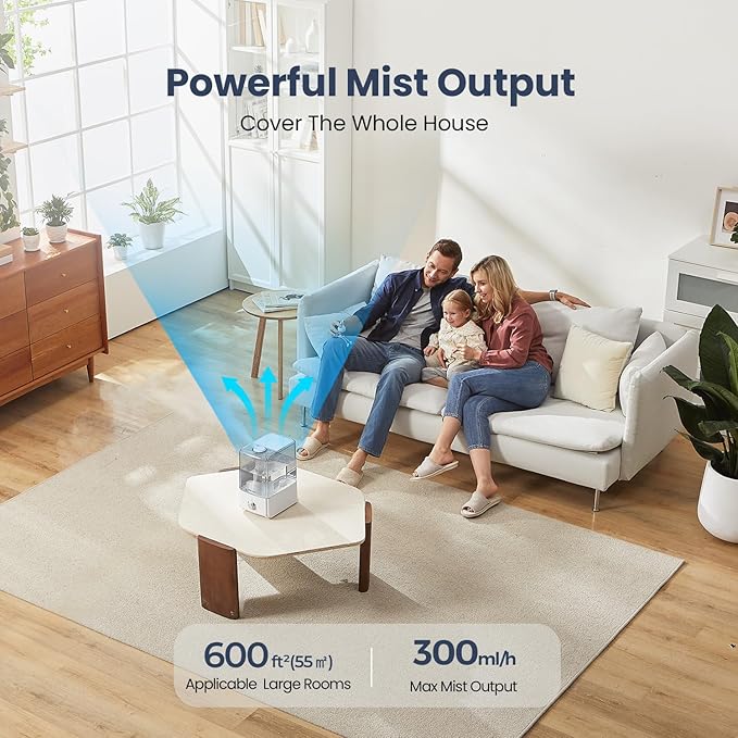 Humidifiers for Bedroom Large Room, Top Fill 6.5L Cool Mist Humidifier, 45H Runtime, 28dB Quiet Ultrasonic Air Humidifier for Home, Whole House, Baby Nursery, Night Light (White)