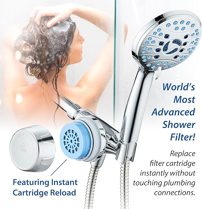 Skin & Hair by AquaCare - World's Most Advanced Shower Filter for Hand Showers with ON/OFF Filtration Modes,Instant Cartridge Reload,Built-in Bracket & Stay-Clean Enriched KDF Cartridge/Chrome Finish