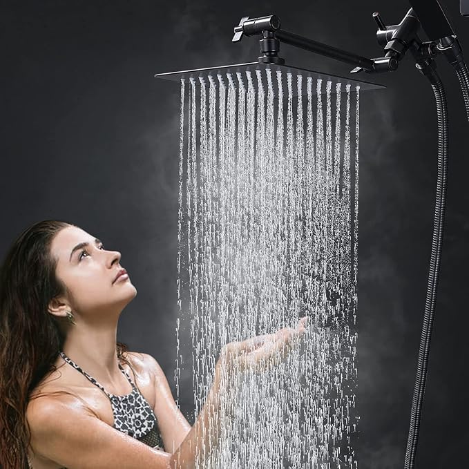 G-Promise All Metal 8 Inch Dual Square Shower Head with Handheld Combo, Rain Shower Head, Adjustable Extension Arm, 3-Way Diverter, 71 Inch Extra Long Hose - A Bathroom Upgrade (Oil Rubbed Bronze)