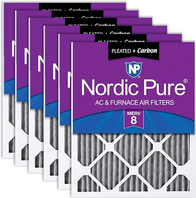 Nordic Pure 12x12x1 (11 3/4 x 11 3/4 x 3/4) Furnace Air Filters MERV 8 Pleated Plus Carbon 6 Pack