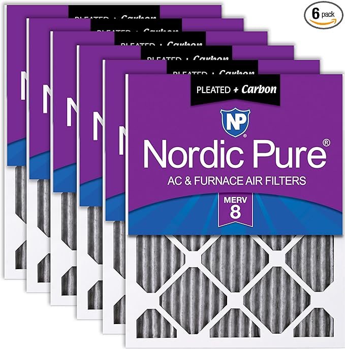 Nordic Pure 20x20x1 (19 1/2 x 19 1/2 x 3/4) Furnace Air Filters MERV 8 Pleated Plus Carbon 6 Pack