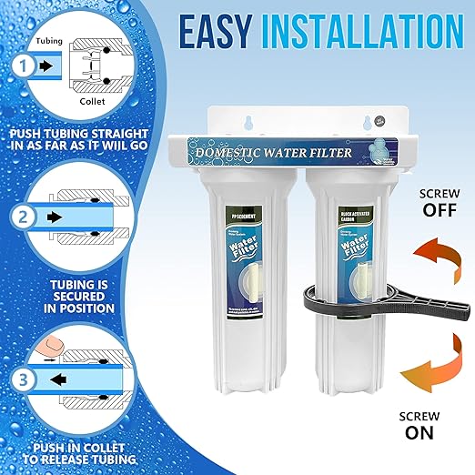 2 Stage Under Sink Drinking Water Filtration System Lead-Free Chrome Faucet Removes Chlorine & Yearly Supply (2 Extra) CTO & (3 Extra) PP Sediment Cartridges 5 Mic, Meets NSF Standards & Regulations
