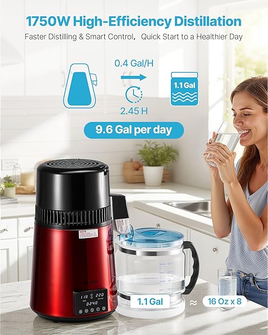 VEVOR Water Distiller, 4L 1.1 Gallon Pure Water Purifier Filter for Home Table Countertop, 1750W Distilled Maker with Glass Pot, Stainless Steel Interior Drinking Machine to Make Clean Waters, Red