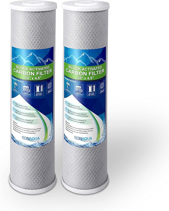 High Capacity Coconut Shell Carbon Block Water Filter 5 Micron Cartridge 4.5" x 20" for Universal Whole House System WELL-MATCHED with CB-45-2005, FC25B, FLTWH2045C02 and PRL-RCL (2 Pack)