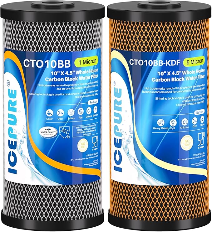 ICEPURE 10" x 4.5" Whole House Sediment Activated Carbon Water Filter Set, 10 Inch CTO Carbon Filter and KDF Heavy Metal Removal Cartridge Replacement for 2-Stage Water Filtration System
