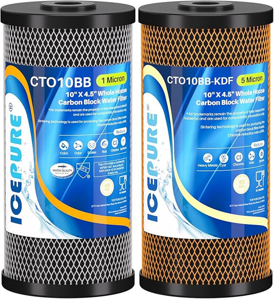 ICEPURE 10" x 4.5" Whole House Sediment Activated Carbon Water Filter Set, 10 Inch CTO Carbon Filter and KDF Heavy Metal Removal Cartridge Replacement for 2-Stage Water Filtration System