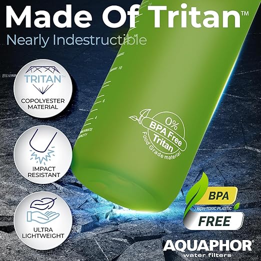 Nakii Filtered Water Bottle, Leakproof, BPA-Free, Motivational Markings, Travel, Everyday Use. 40-Gallon Filter, Replaces 300 Plastic Water Bottles. Includes 1 Filter, 22 FL Oz, Green by Aquaphor