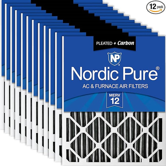 Nordic Pure 14x25x2 (13 1/2 x 24 1/2 x 1 3/4) Furnace Air Filters MERV 12 Pleated Plus Carbon 12 Pack