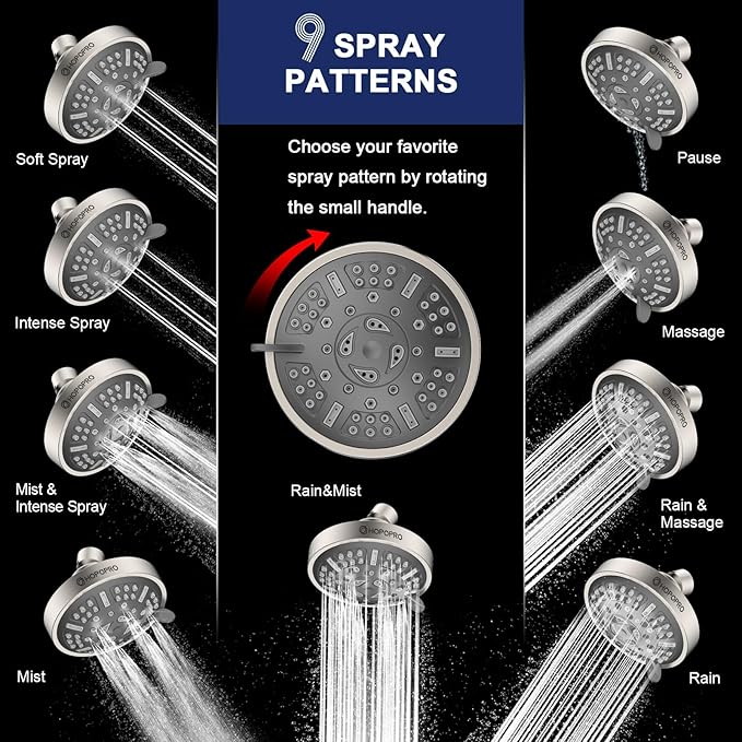 HOPOPRO Upgraded 9 Settings High Pressure Shower Head, NBC News Recommended Brand Fixed Showerhead Bathroom Showerhead Multi-functional Rainfall Showerhead for Low Water Flow (Brushed Nickel)