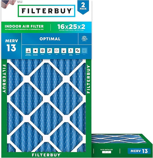 Filterbuy 16x25x2 Air Filter MERV 13 (MPR 1900) Health Defense Replacement (2-Pack), Electrostatic Pleated HVAC AC Furnace Filters, Made in USA (Actual Size: 15.50 x 24.50 x 1.75)