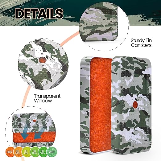 100 Gram Camouflage Gun Safe Dehumidifier Silica Gel Canister Rechargeable Dehumidifier Desiccant Reusable Indicating Desiccant Moisture Absorber with Visible Window [6PACK]
