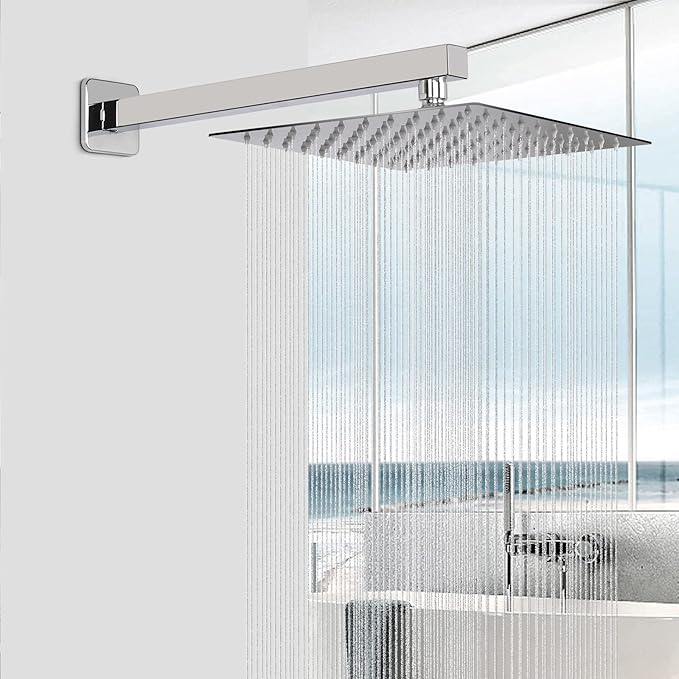HarJue Shower Head with Extension Arm, High Pressure Square with ShowerArm, Stainless Steel Rainfall -Waterfall Full Body Coverage (10'' Shower with 16'' Arm, Chrome)