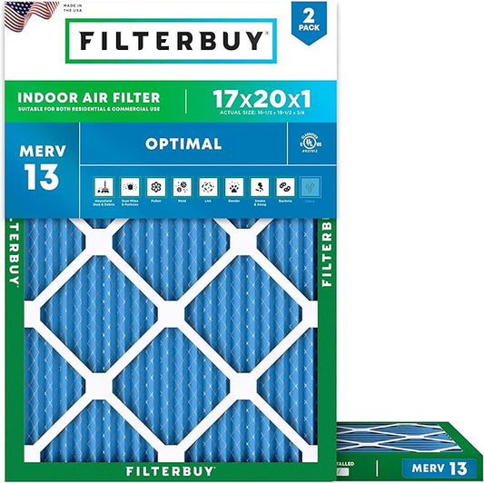 Filterbuy 17x20x1 Air Filter MERV 13 (MPR 1900) Health Defense Replacement (2-Pack), Electrostatic Pleated HVAC AC Furnace Filters, Made in USA (Actual Size: 16.50 x 19.50 x 0.75)