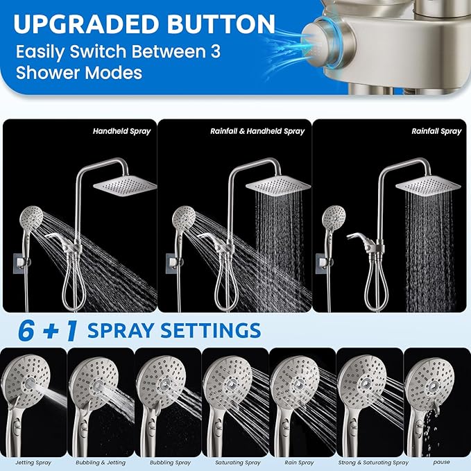 8" Dual Shower Head Combo, Rainfall Shower Head with Handheld, 6 Spray Settings Angle Adjustable Handheld Shower Head with Pause, Height Adjustable, Brushed Nickel