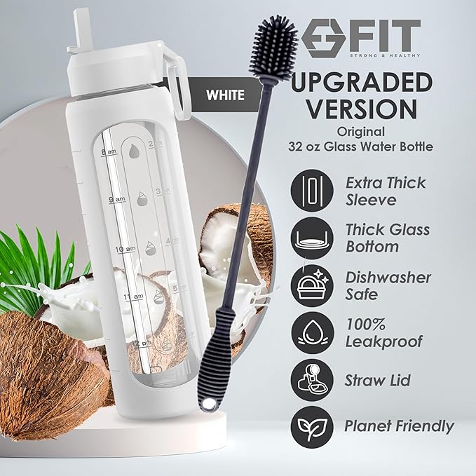 FIT Strong & Healthy 32 oz Glass Water Bottle with Straw Lid, Time Marker, Sleeve & Extra Lid - Motivational, Wide Mouth 1 Liter Glass Drinking Bottle