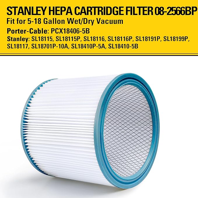 STANLEY HEPA Vacuum Filter Replacement 08-2566BP, Fit for Most 5-18 Gallon Wet Dry Vacuum Cleaner, Compatible with SL18115, SL18115P, SL18116, SL18116P, SL18191P, SL18199P, SL18117, SL18701P-10A