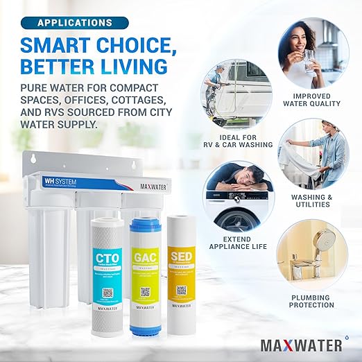 Max Water 3 Stage (Good for City Water) 10 inch Standard Water Filtration System for Whole House - Sediment + GAC + CTO Post Carbon - ¾ Inlet/Outlet - Model : WH-SW1