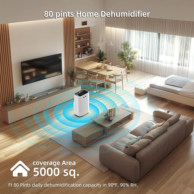 5000 Sq.Ft Dehumidifier for Basement with Drain Hose, 80 Pint Dehumidifiers for Home with Large 6.5L Water Tank,24H Timer,Child Lock,Defrost,Silent,4 Modes Operation Auto Shut-off