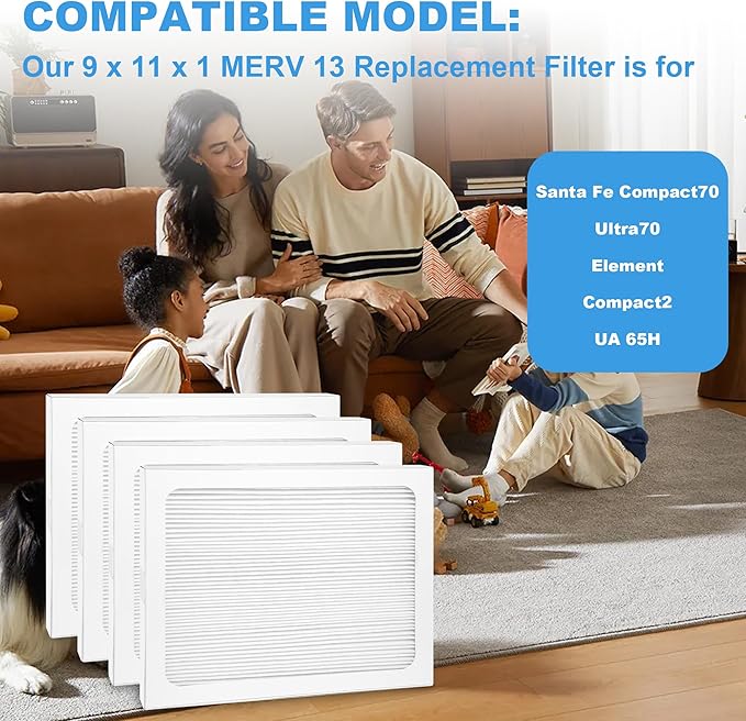 9 x 11 x 1 Dehumidifier Filter MERV 13 Compatible with Santa Fe Compact70, Ultra70, Element, Compact2, UA 65H dehumidifier Models, 4 Packs