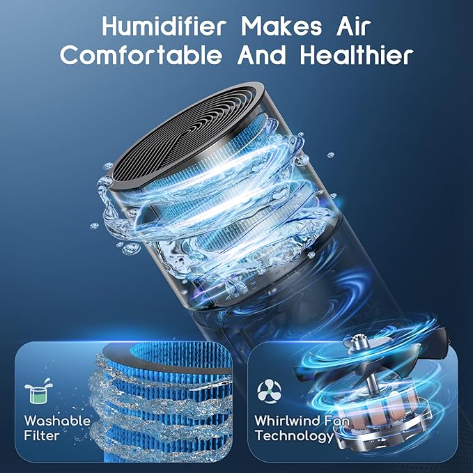 Air Purifier with Humidifier Combo, 2 in 1 Afloia 3-Stage Filters for Bedroom Pets Hair Smoker Odors, Evaporative Humidifier, Auto Shut Off, Quiet Air Cleaner with Seven Color Light, Black